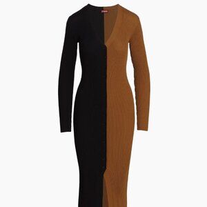 STAUD Shoko Colorblocked Midi-Dress Black and Brown